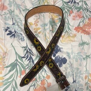 Brown Tooled Leather Belt with Sunflower Embroidery